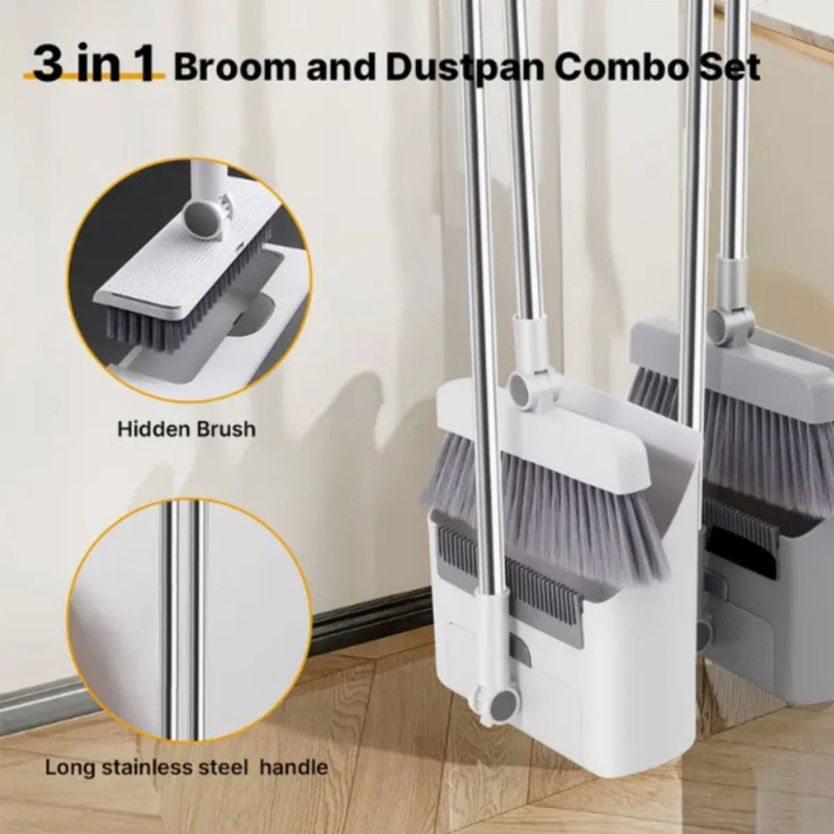 3-in-1 Long-Handled Broom And Dustpan Set Floor Brush Combo for Home Office School Dorm - PVC Broom Head Metal Dustpan