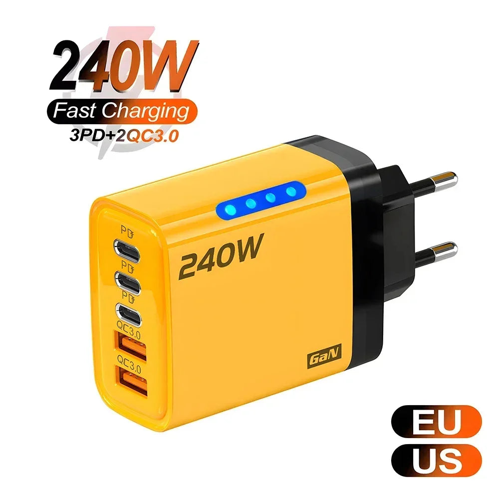 240W GaN USB C Charger 5-in-1 Fast Charging Wall Adapter for iPhone Samsung Xiaomi with EU/US Plug - Compact Power Adapter