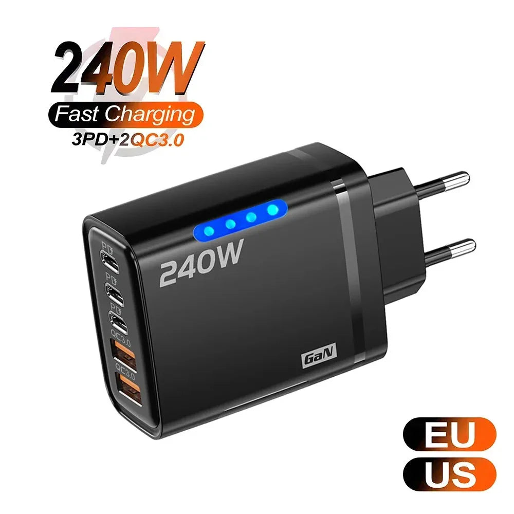 240W GaN USB C Charger 5-in-1 Fast Charging Wall Adapter for iPhone Samsung Xiaomi with EU/US Plug - Compact Power Adapter