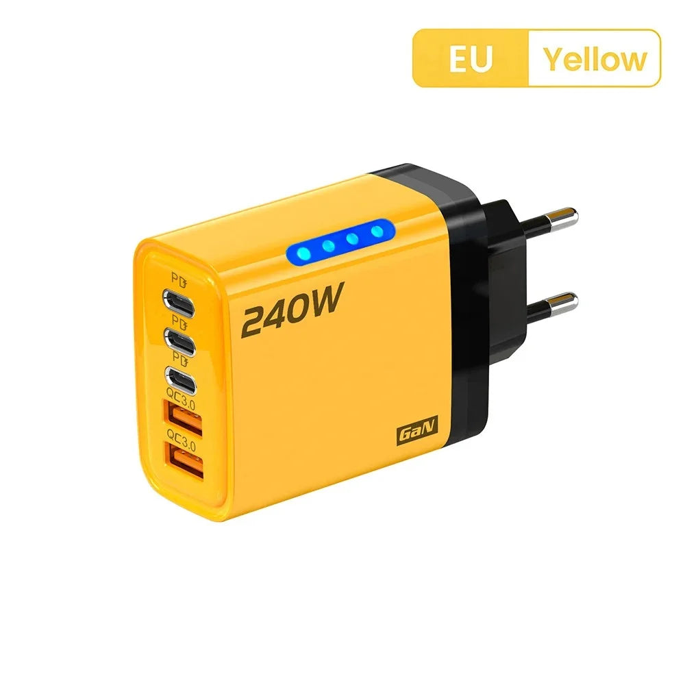 240W GaN USB C Charger 5-in-1 Fast Charging Wall Adapter for iPhone Samsung Xiaomi with EU/US Plug - Compact Power Adapter