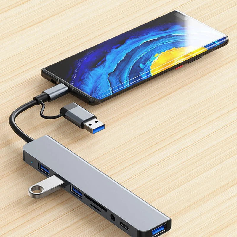 8 in 2 USB & Type C HUB Docking Station with 3.5mm Audio Jack Micro SD Card Reader for Laptop Tablet Phone Disk Converter