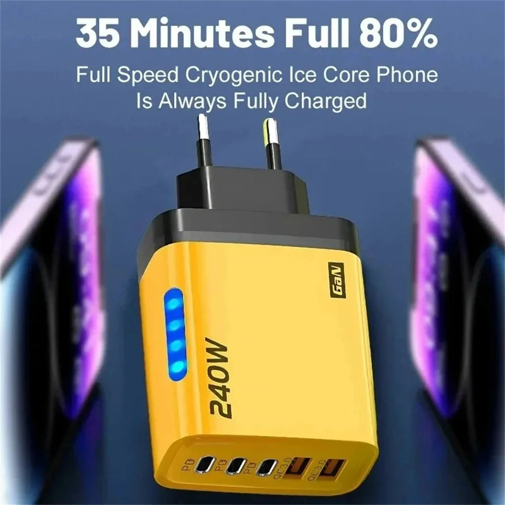 240W GaN USB C Charger 5-in-1 Fast Charging Wall Adapter for iPhone Samsung Xiaomi with EU/US Plug - Compact Power Adapter
