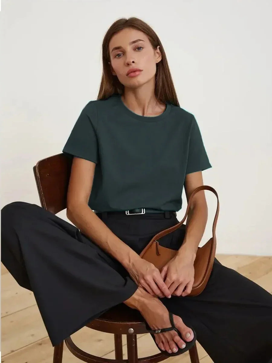 Bornladies Women's Summer Cotton T-shirt Basic Solid Loose Fit Short Sleeve O-Neck Top Fashionable Casual Loose Tops for Middle Age Ladies