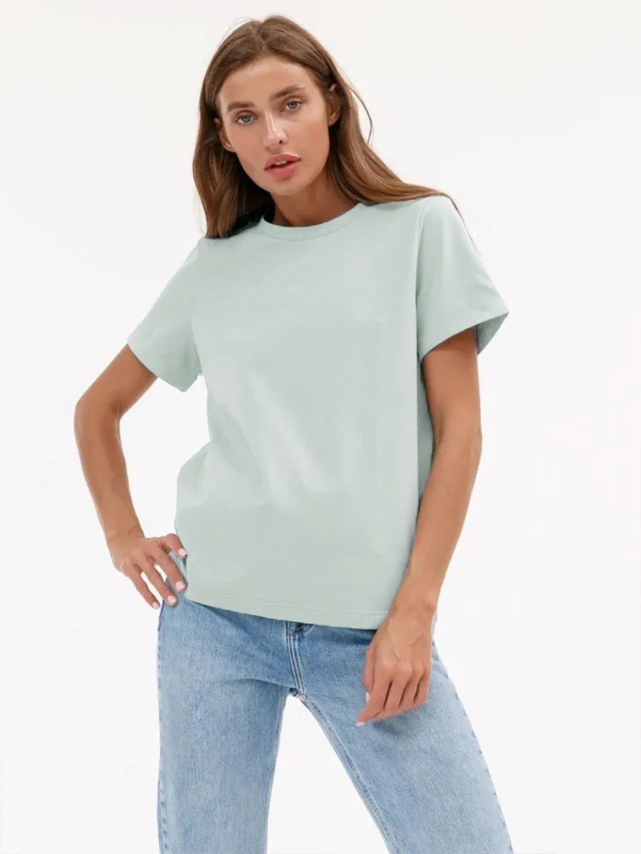 Bornladies Women's Summer Cotton T-shirt Basic Solid Loose Fit Short Sleeve O-Neck Top Fashionable Casual Loose Tops for Middle Age Ladies