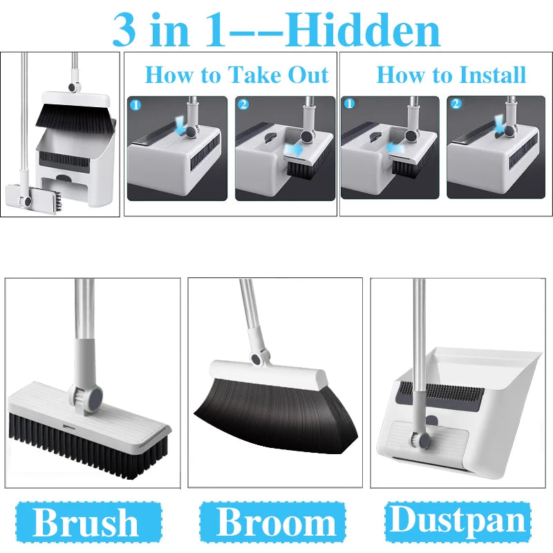 3-in-1 Long-Handled Broom And Dustpan Set Floor Brush Combo for Home Office School Dorm - PVC Broom Head Metal Dustpan
