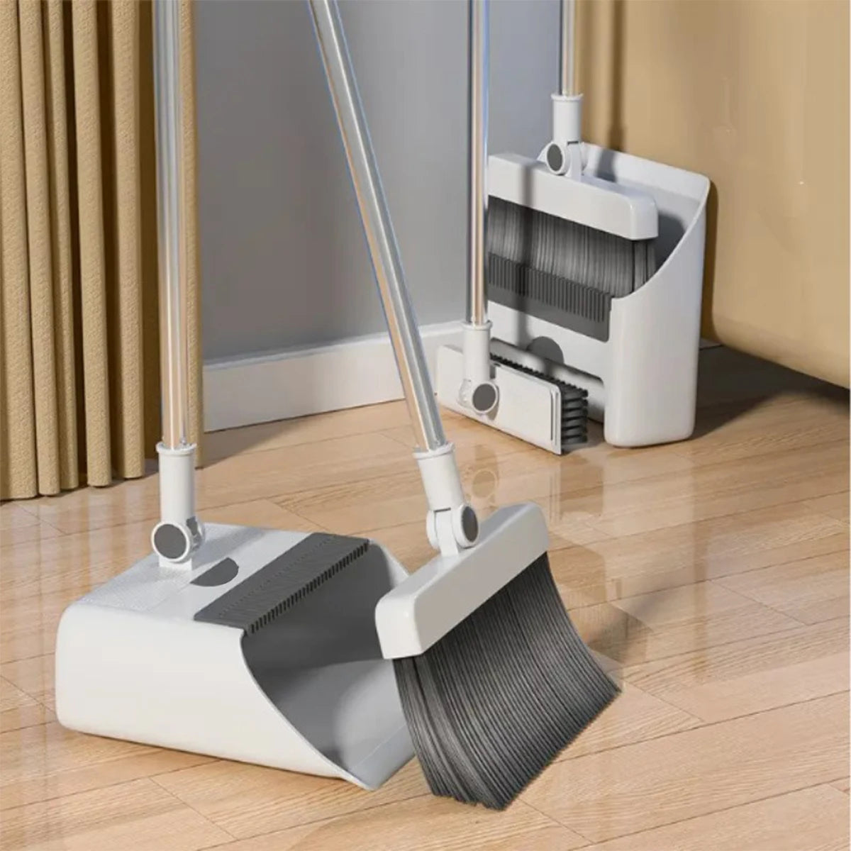 3-in-1 Long-Handled Broom And Dustpan Set Floor Brush Combo for Home Office School Dorm - PVC Broom Head Metal Dustpan