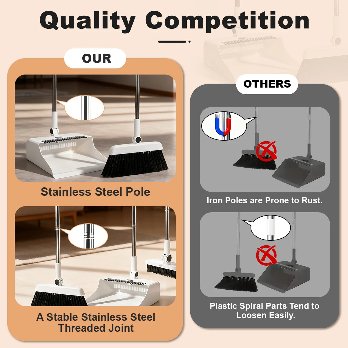 3-in-1 Long-Handled Broom And Dustpan Set Floor Brush Combo for Home Office School Dorm - PVC Broom Head Metal Dustpan