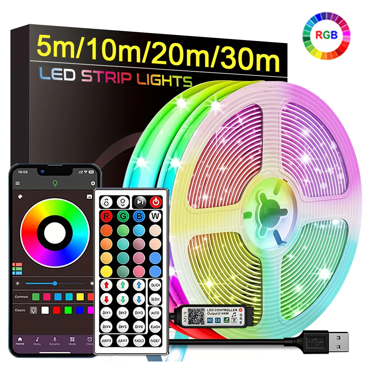 RGB LED Strip Lights with APP Control 5m/10m/20m/30m Flexible Ribbon Tape for Room Bedroom Decoration SMD 5V 16 LEDs/m