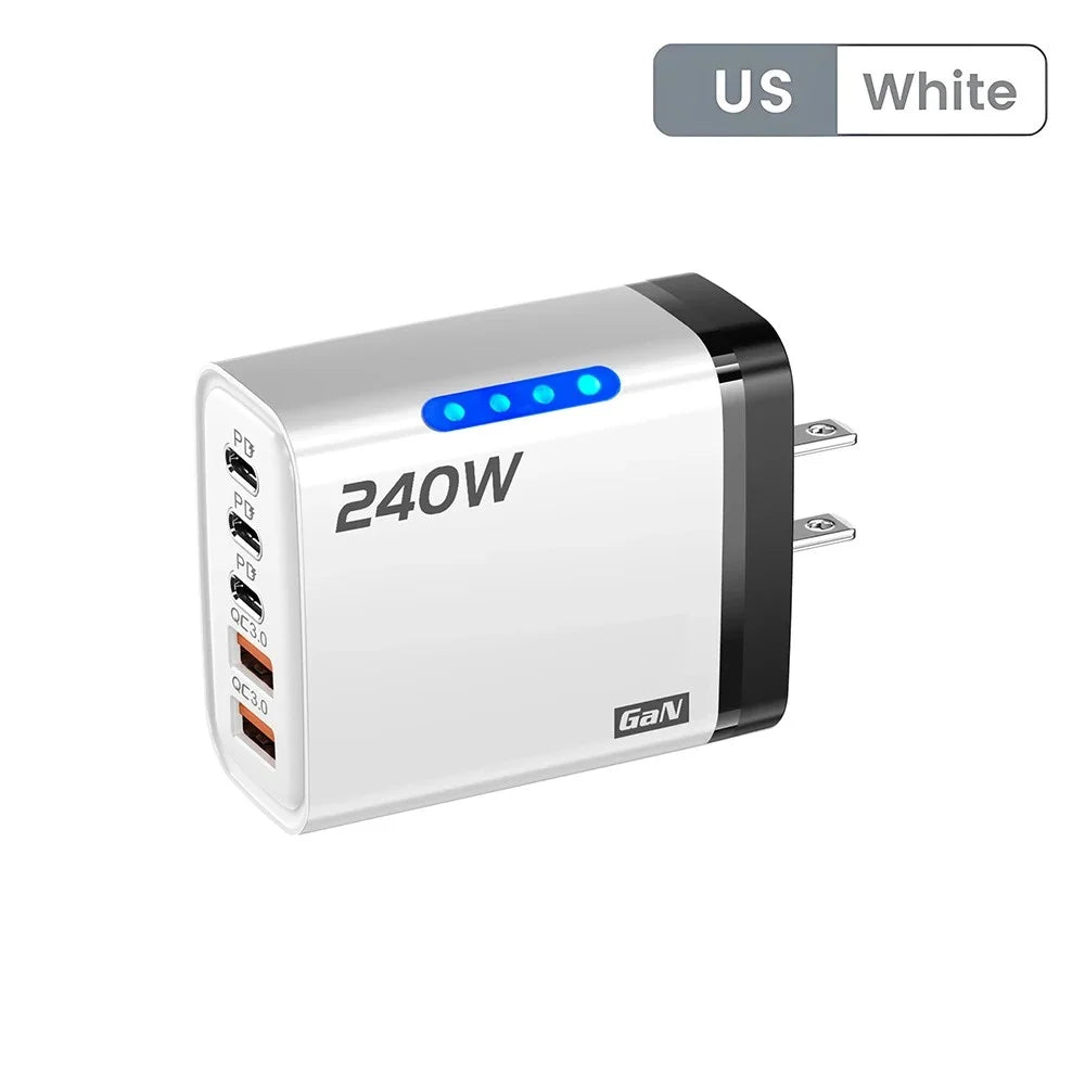 240W GaN USB C Charger 5-in-1 Fast Charging Wall Adapter for iPhone Samsung Xiaomi with EU/US Plug - Compact Power Adapter
