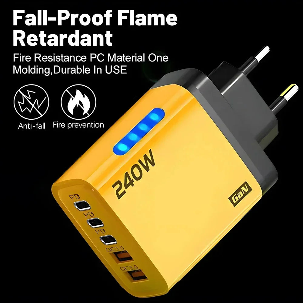 240W GaN USB C Charger 5-in-1 Fast Charging Wall Adapter for iPhone Samsung Xiaomi with EU/US Plug - Compact Power Adapter