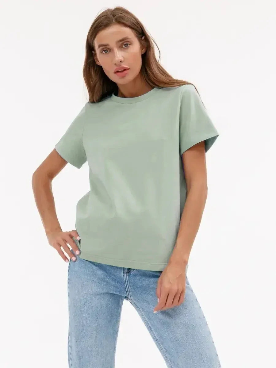 Bornladies Women's Summer Cotton T-shirt Basic Solid Loose Fit Short Sleeve O-Neck Top Fashionable Casual Loose Tops for Middle Age Ladies