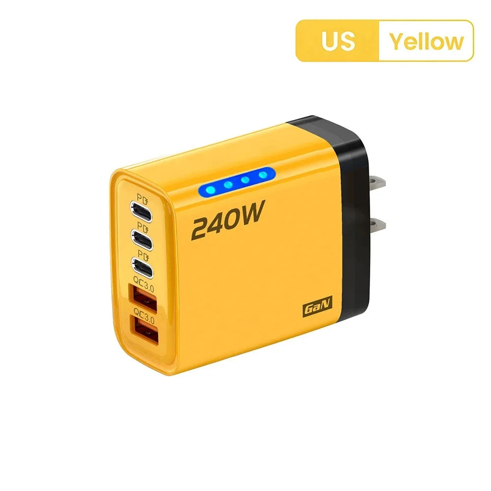 240W GaN USB C Charger 5-in-1 Fast Charging Wall Adapter for iPhone Samsung Xiaomi with EU/US Plug - Compact Power Adapter