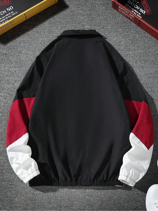 Men's Casual Windproof Zip-Up Jacket Regular Fit Polyester Spring Autumn Outerwear Short Eye-Catching Design