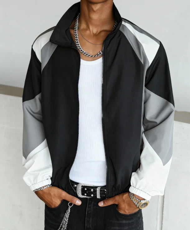 Men's Casual Windproof Zip-Up Jacket Regular Fit Polyester Spring Autumn Outerwear Short Eye-Catching Design