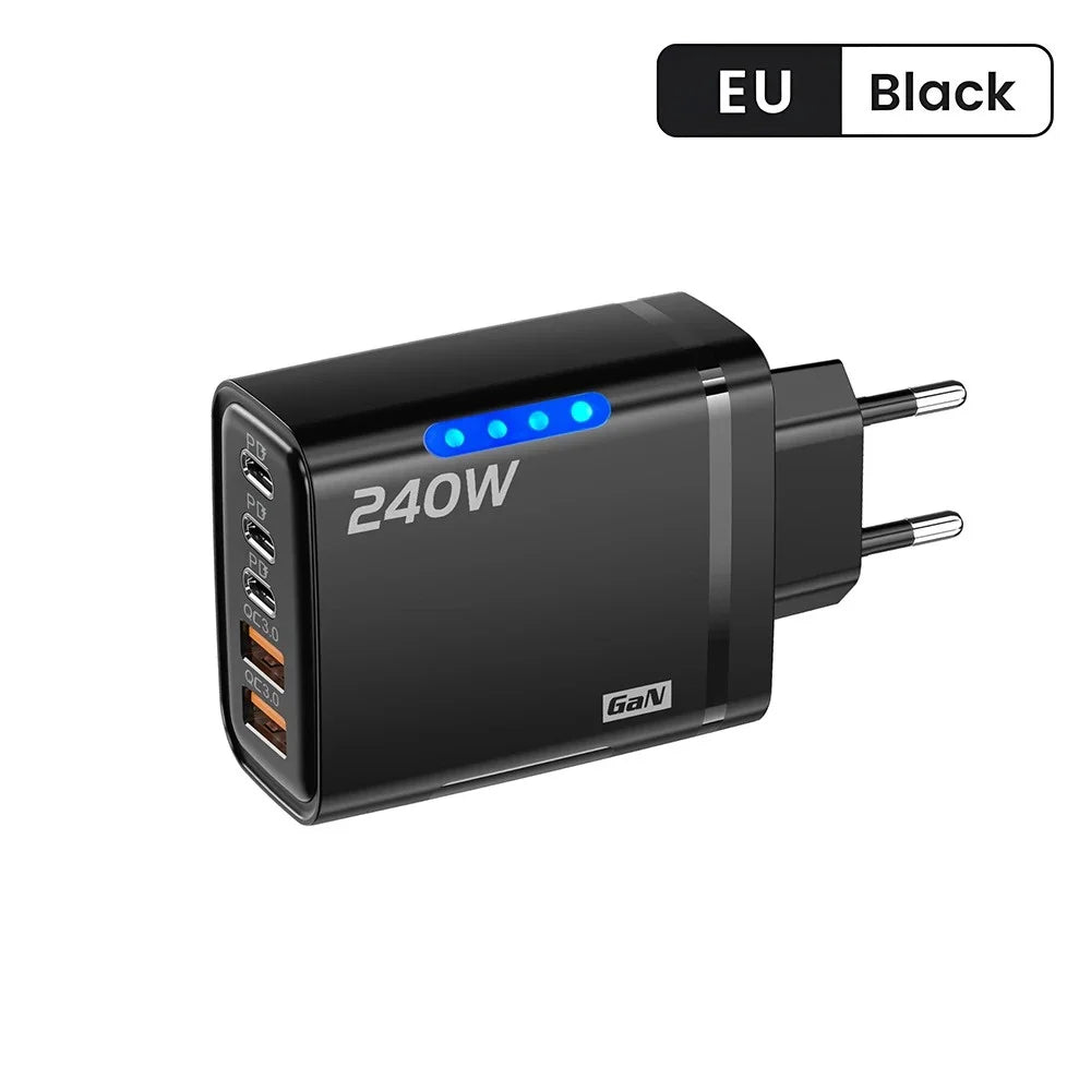 240W GaN USB C Charger 5-in-1 Fast Charging Wall Adapter for iPhone Samsung Xiaomi with EU/US Plug - Compact Power Adapter