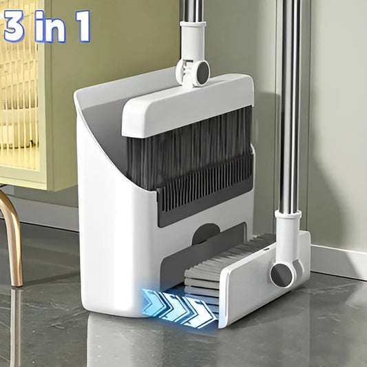 3-in-1 Long-Handled Broom And Dustpan Set Floor Brush Combo for Home Office School Dorm - PVC Broom Head Metal Dustpan