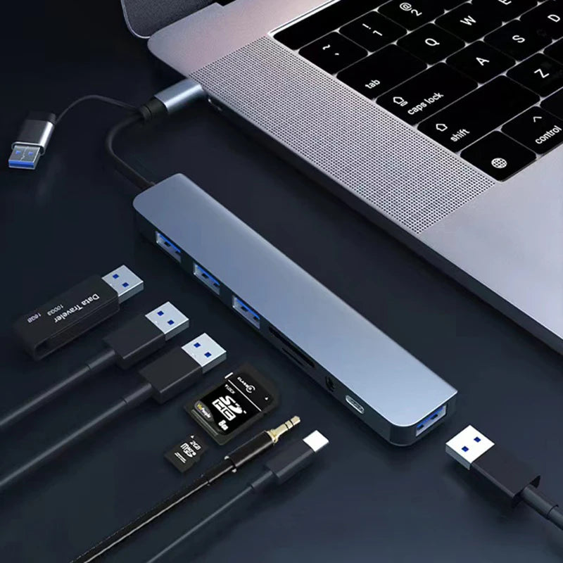 8 in 2 USB & Type C HUB Docking Station with 3.5mm Audio Jack Micro SD Card Reader for Laptop Tablet Phone Disk Converter