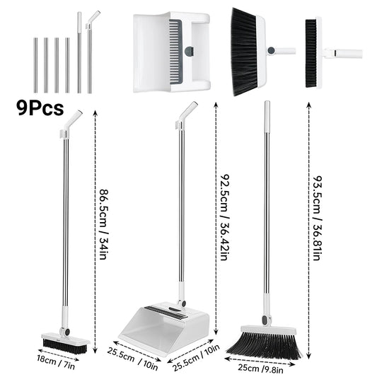 3-in-1 Long-Handled Broom And Dustpan Set Floor Brush Combo for Home Office School Dorm - PVC Broom Head Metal Dustpan