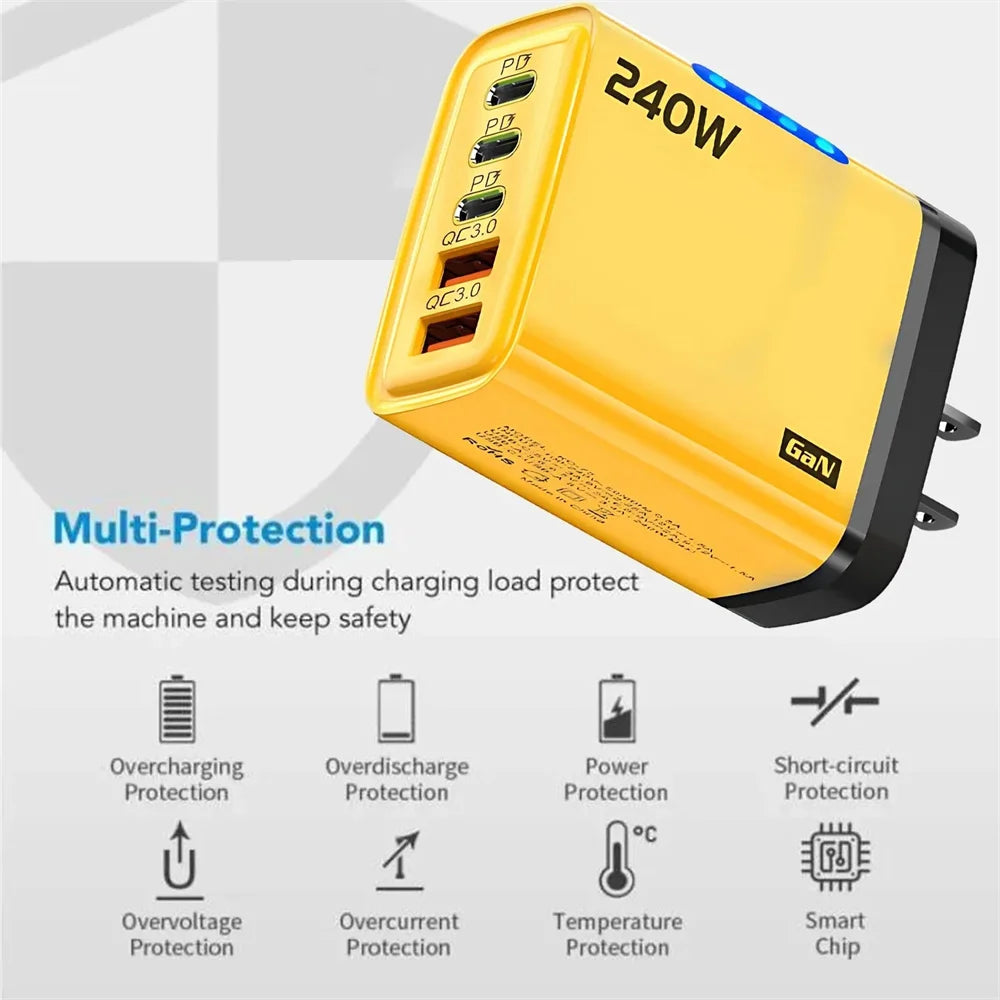 240W GaN USB C Charger 5-in-1 Fast Charging Wall Adapter for iPhone Samsung Xiaomi with EU/US Plug - Compact Power Adapter