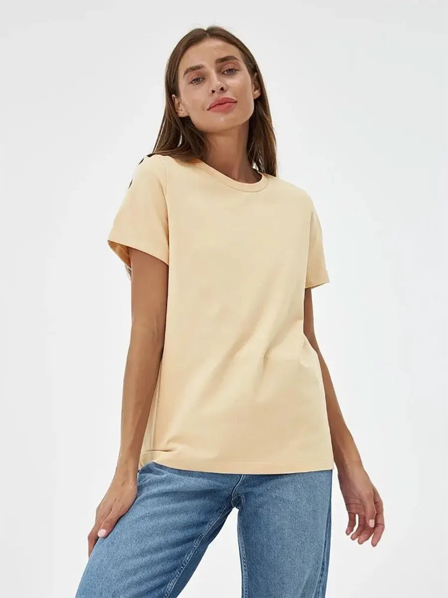 Bornladies Women's Summer Cotton T-shirt Basic Solid Loose Fit Short Sleeve O-Neck Top Fashionable Casual Loose Tops for Middle Age Ladies