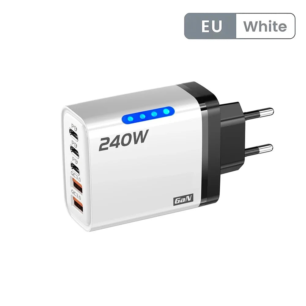 240W GaN USB C Charger 5-in-1 Fast Charging Wall Adapter for iPhone Samsung Xiaomi with EU/US Plug - Compact Power Adapter