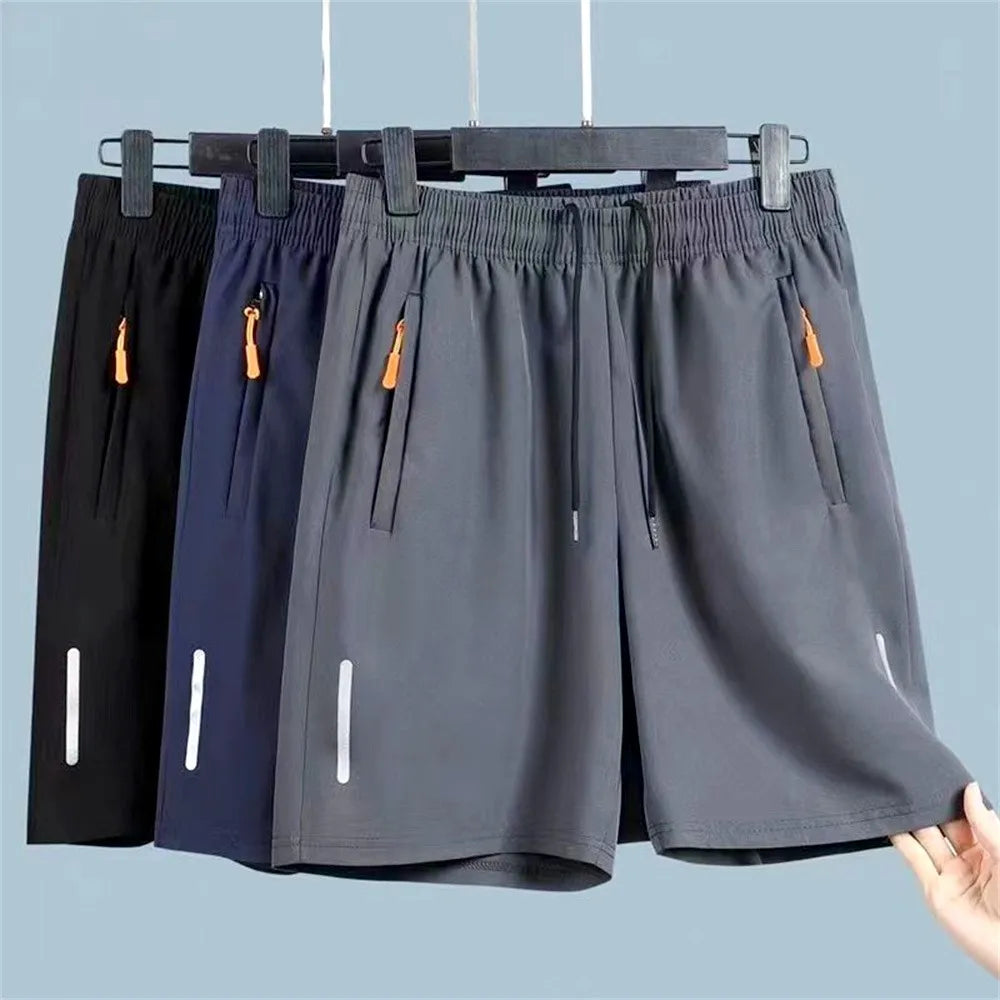 Men's Ultra-Thin Ice Silk Casual Shorts Quick Dry Summer Beach Jogging Sport Loose Fit Gym Sweatpants with Zipper