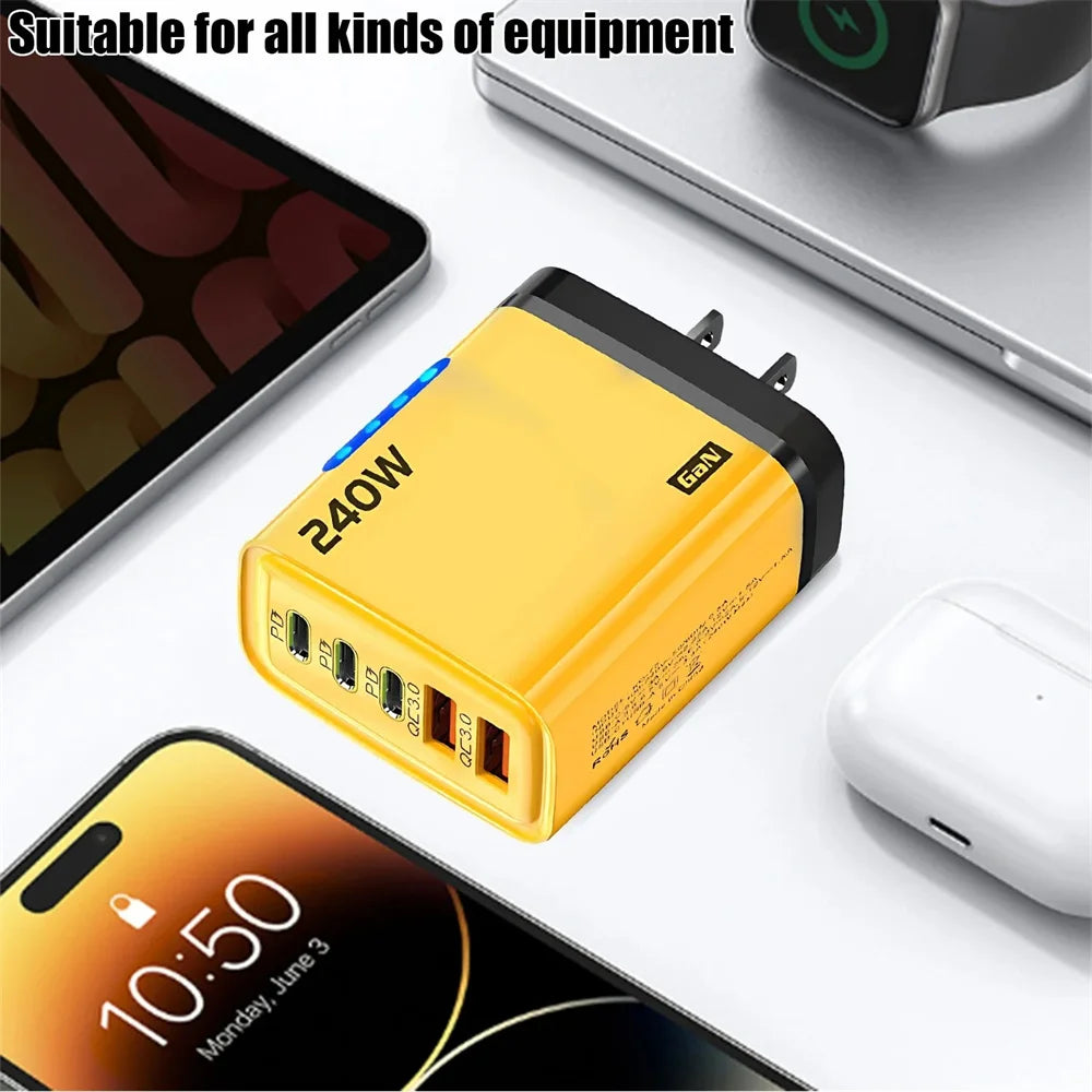 240W GaN USB C Charger 5-in-1 Fast Charging Wall Adapter for iPhone Samsung Xiaomi with EU/US Plug - Compact Power Adapter