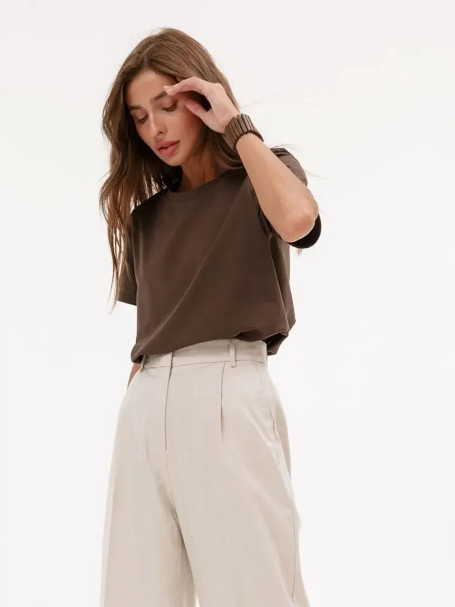 Bornladies Women's Summer Cotton T-shirt Basic Solid Loose Fit Short Sleeve O-Neck Top Fashionable Casual Loose Tops for Middle Age Ladies