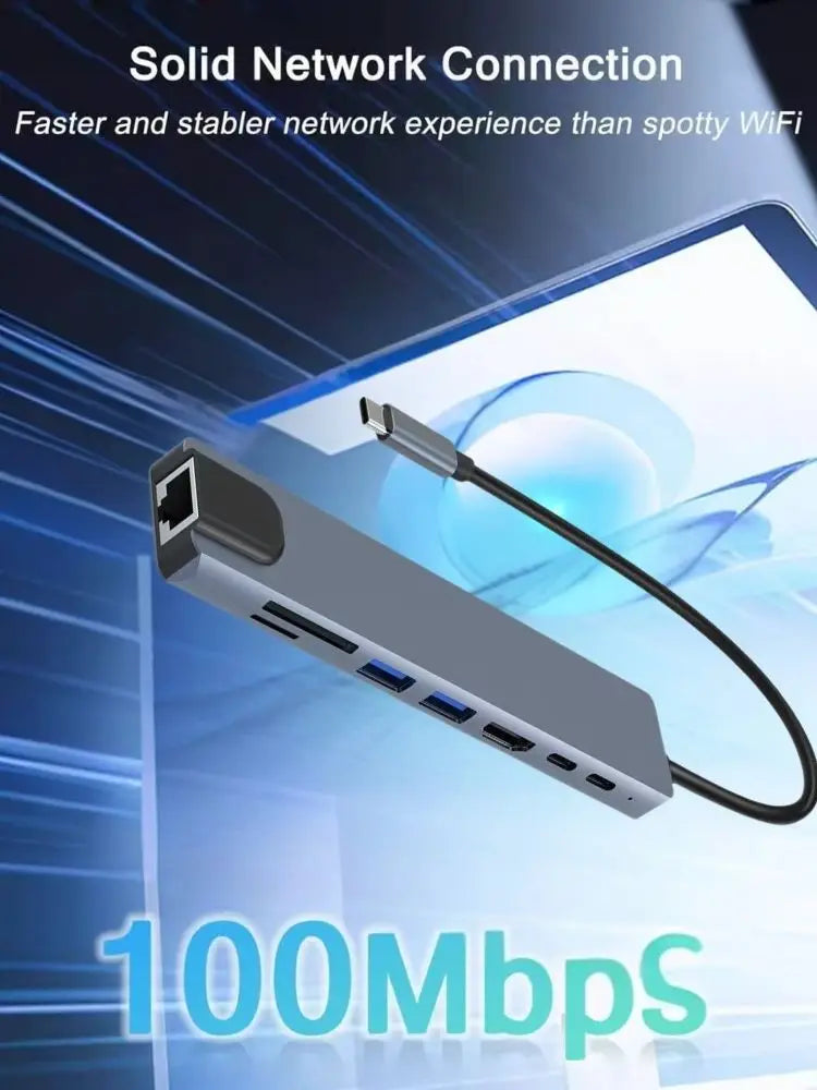 8in1 USB C HUB Type C Splitter 4K Thunderbolt 3 Docking Station Laptop Adapter For Macbook Air M1 iPad Pro RJ45 HDMI Computer