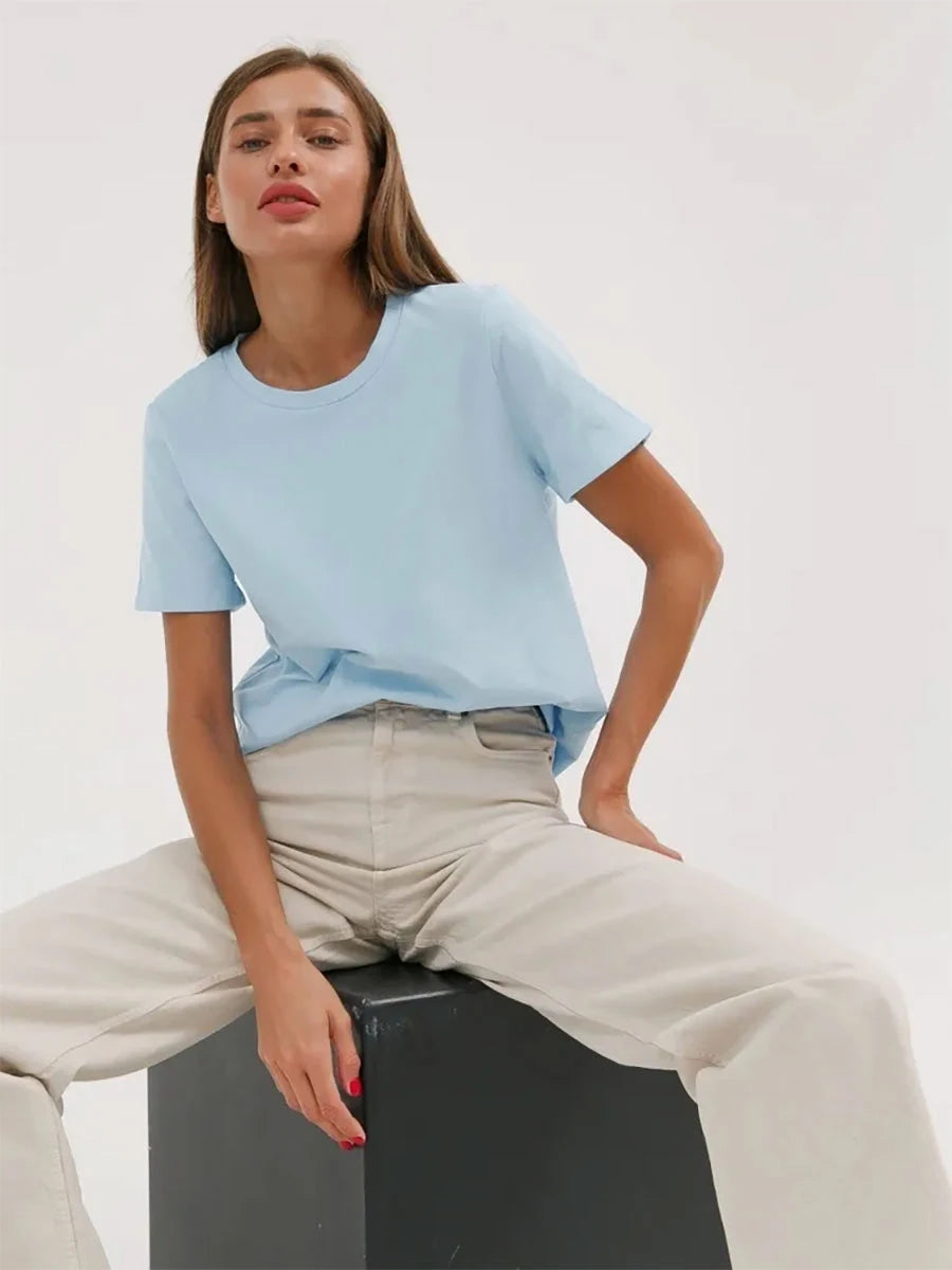 Bornladies Women's Summer Cotton T-shirt Basic Solid Loose Fit Short Sleeve O-Neck Top Fashionable Casual Loose Tops for Middle Age Ladies