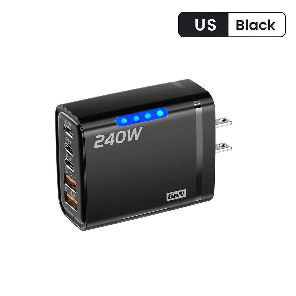 240W GaN USB C Charger 5-in-1 Fast Charging Wall Adapter for iPhone Samsung Xiaomi with EU/US Plug - Compact Power Adapter