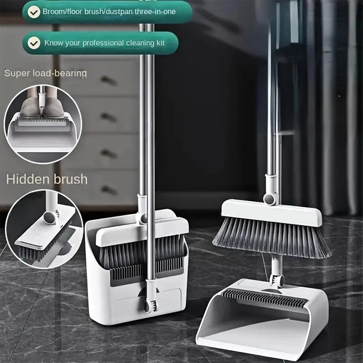3-in-1 Long-Handled Broom And Dustpan Set Floor Brush Combo for Home Office School Dorm - PVC Broom Head Metal Dustpan