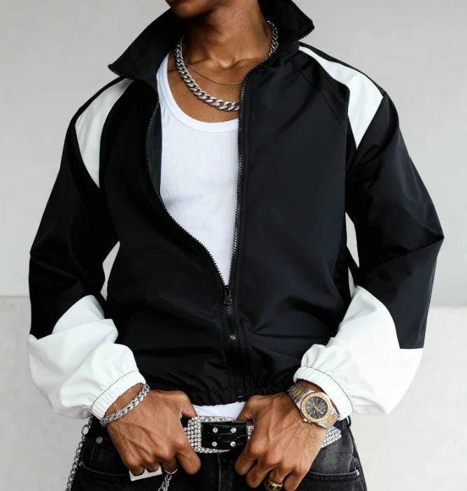 Men's Casual Windproof Zip-Up Jacket Regular Fit Polyester Spring Autumn Outerwear Short Eye-Catching Design