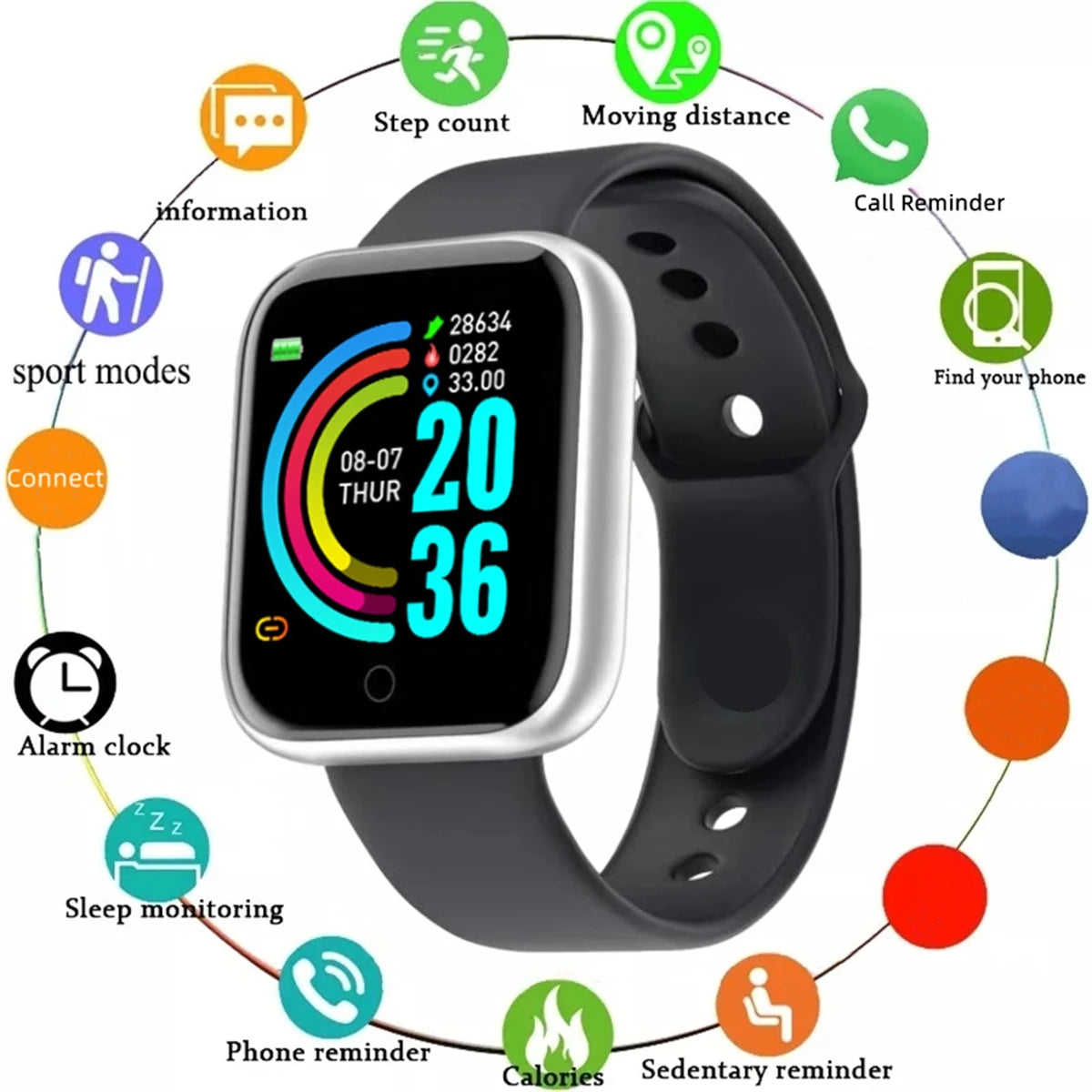 Smartwatch for Men Women Fitness Tracker Message Reminder Sleep Monitor Heart Rate Monitor Wristwatch Compatible with Android iOS