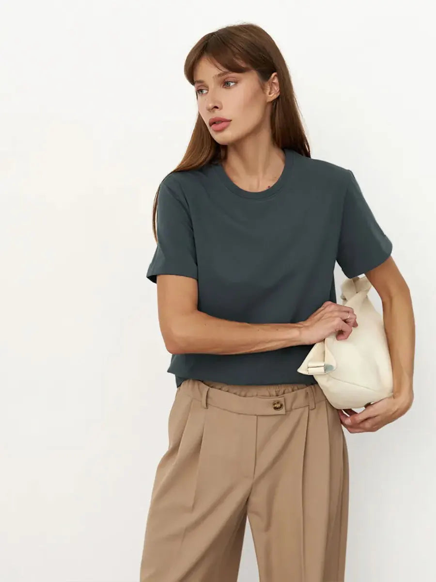 Bornladies Women's Summer Cotton T-shirt Basic Solid Loose Fit Short Sleeve O-Neck Top Fashionable Casual Loose Tops for Middle Age Ladies